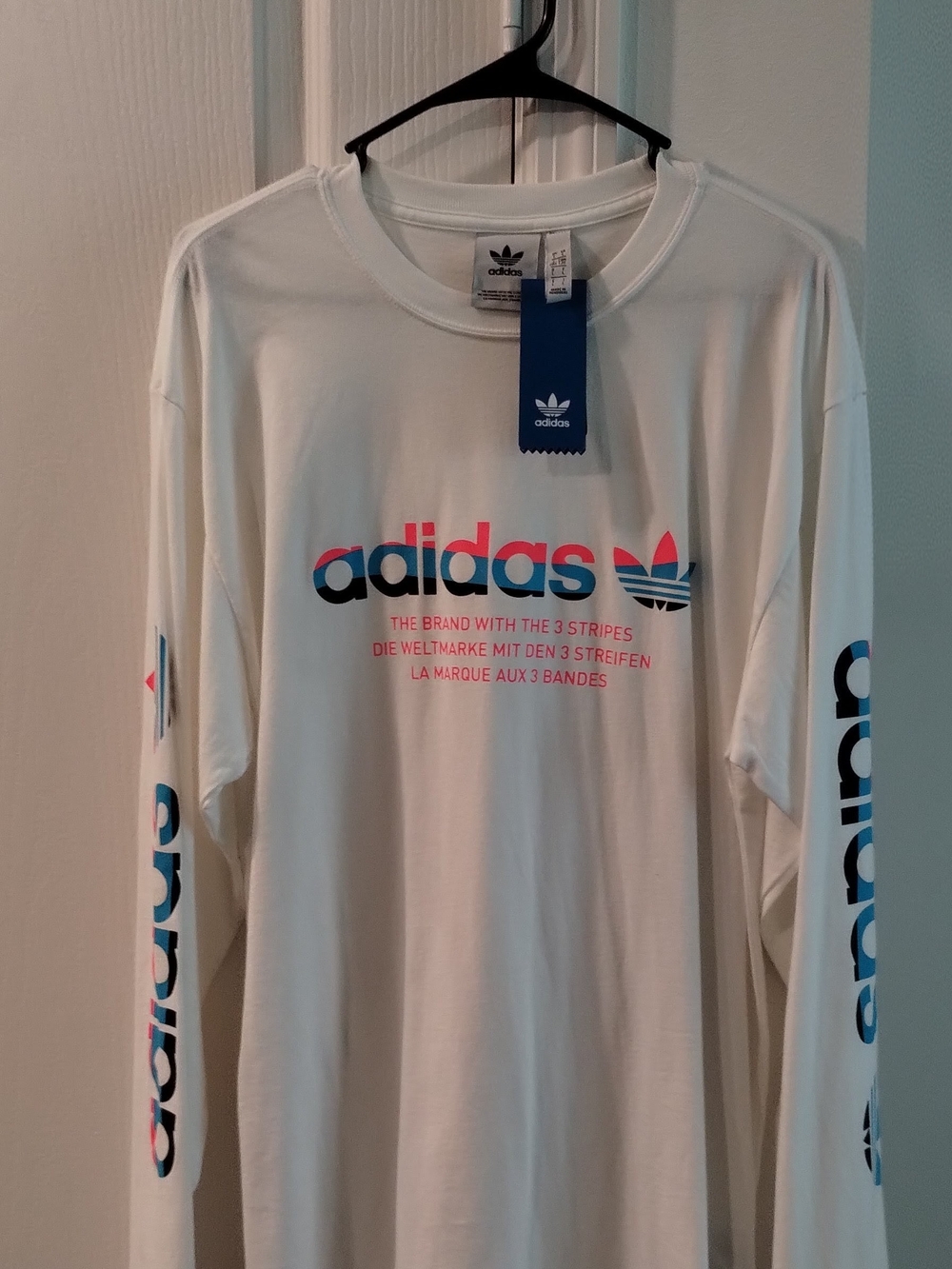 adidas White Long Sleeve Tee with Blue & Pink Logo